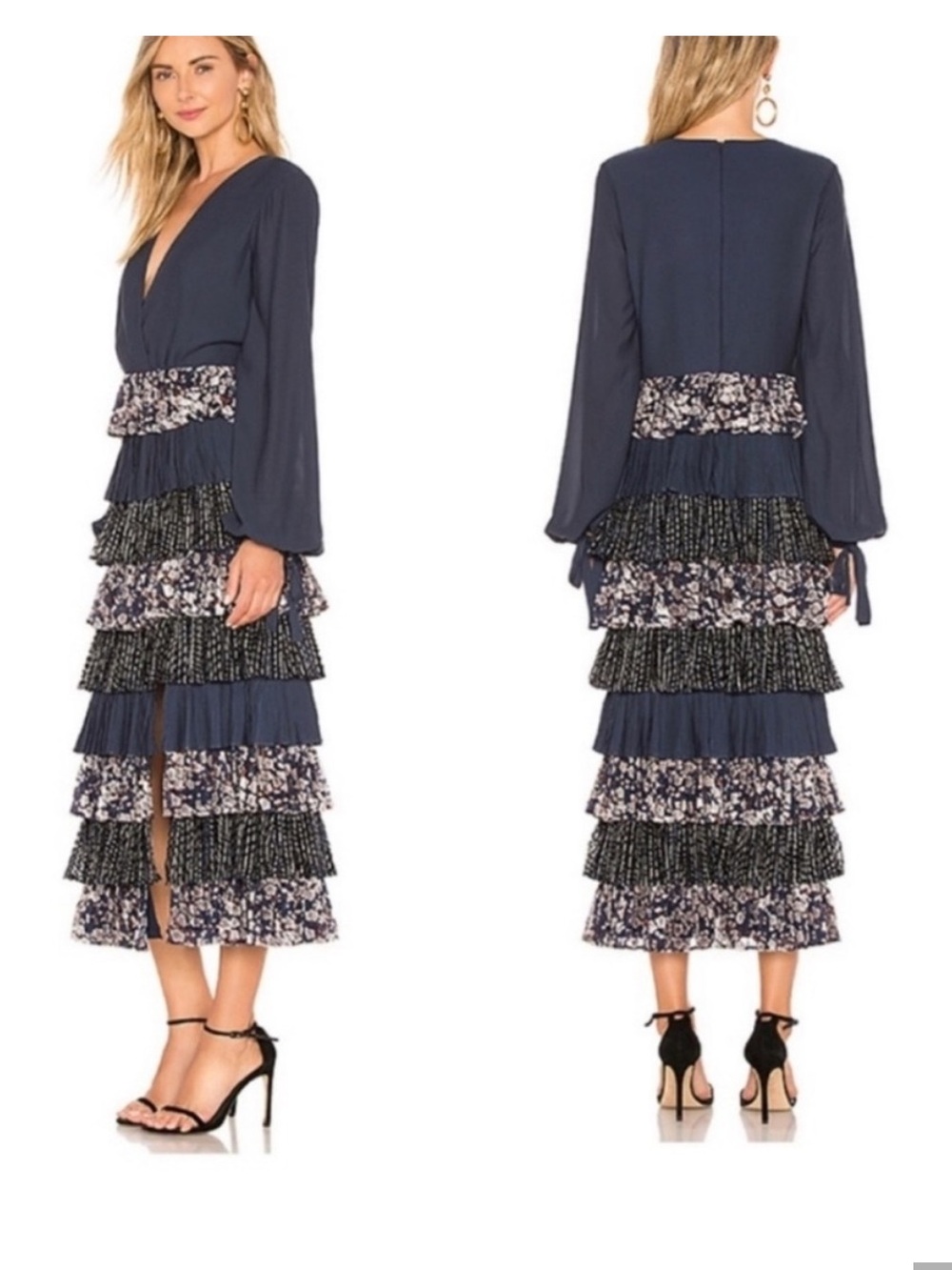 REVOLVE Luna Midi Dress Navy long sleeve tiered ruffle floral slit small